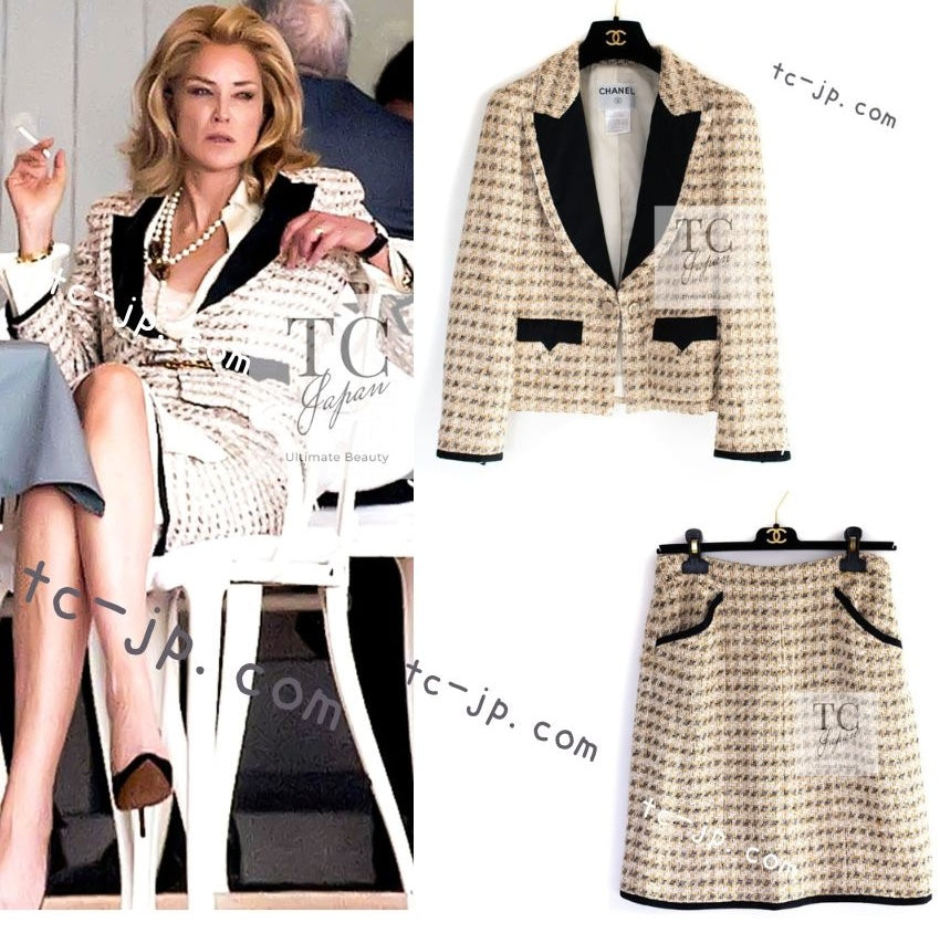 CHANEL 06S Ivory Creme Gold Tone Tweed Jacket Skirt Suit Sharon Stone 36 38 シャネル アイボリー クリーム ゴールド  ツイード ジャケット スカート スーツ 女優シャローン ストーン 即発