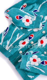 CHANEL 15C Green Turquoise Flower Cashmere Knit Cardigan 36 シャネル グリーン ターコイズ フラワー柄 カシミア ニット カーディガン 即発