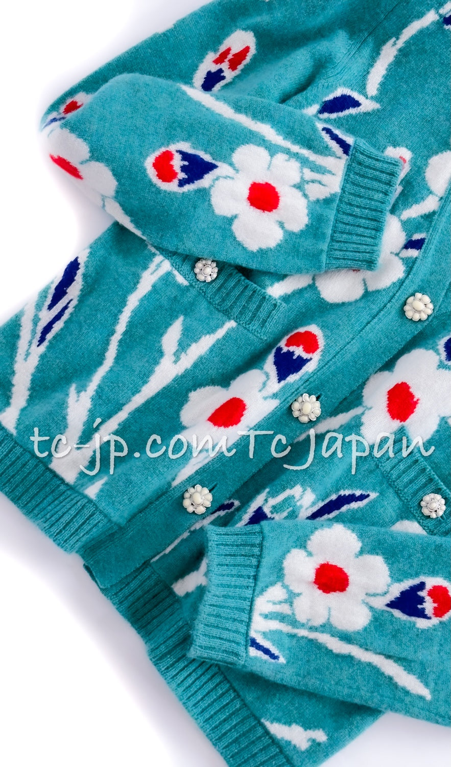 CHANEL 15C Green Turquoise Flower Cashmere Knit Cardigan 36 シャネル グリーン ターコイズ フラワー柄 カシミア ニット カーディガン 即発
