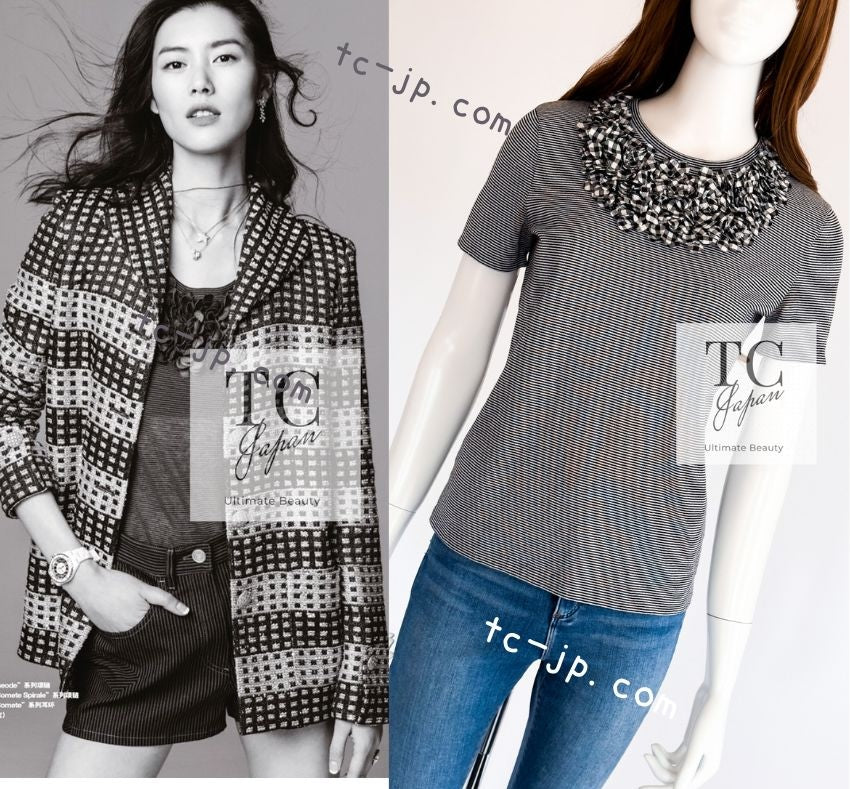 CHANEL 17PS Black White Stripe Border Knit Tops T-shirts 34 シャネル ブラック ホワイト ニット ストライプ トップス カットソー Tシャツ 即発