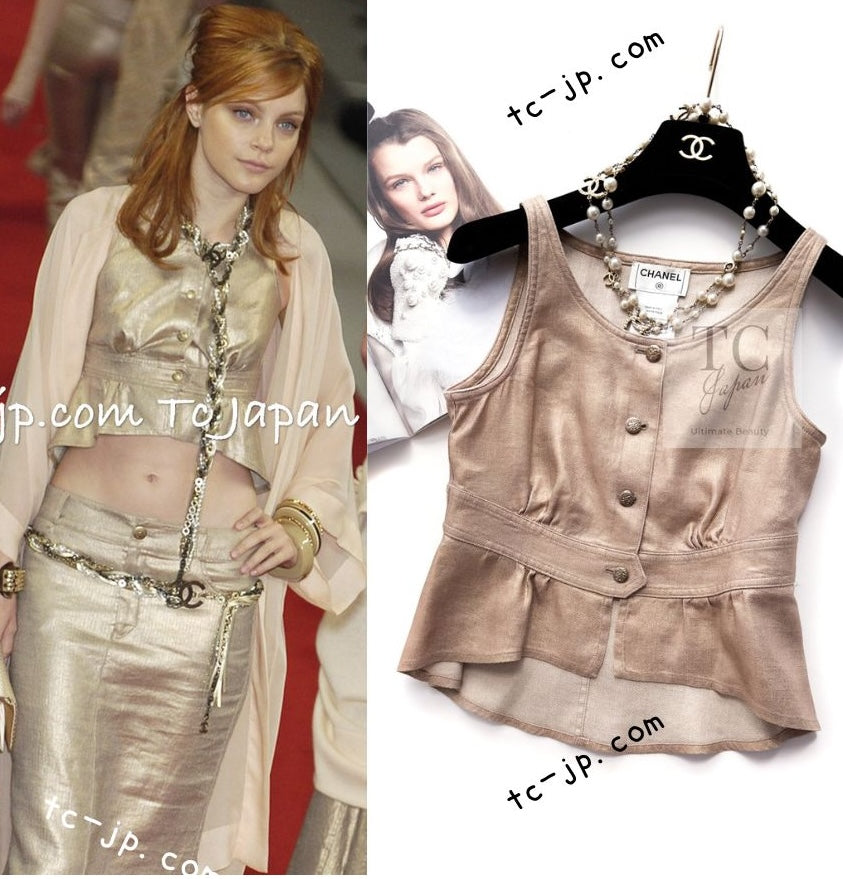 CHANEL 05S Gold Tone Metallic Vest Tunic Tops 34 シャネル ゴールド メタリック ベスト チュニック トップス 即発