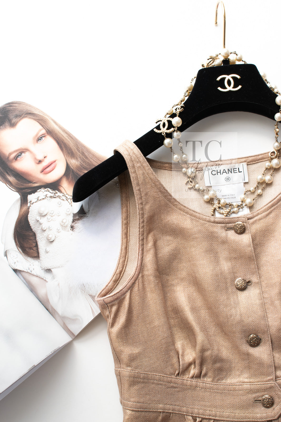 CHANEL 05S Gold Tone Metallic Vest Tunic Tops 34 シャネル ゴールド メタリック ベスト チュニック トップス 即発