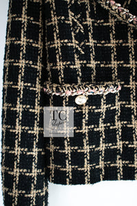 CHANEL 21S Black Beige Silk Cotton Tweed Jacket Silver Chain Trim No.5 Button 42 44 46 48 50 シャネル ブラック ベージュ シルク コットン ツイード ジャケット シルバー チェーン トリム No.5 ボタン 即発