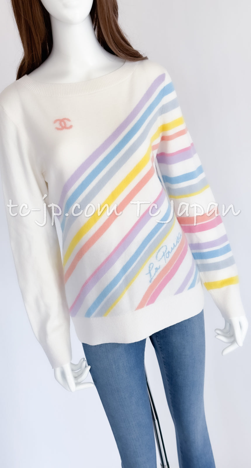 CHANEL 19C Ivory La Pausa CC Logo Rainbow Cashmere Sweater 36 シャネル アイボリー ラ パウザ CC ロゴ レインボー カシミア セーター 即発