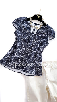 CHANEL 14C Navy White Camellia Lace Tops 36 シャネル ネイビー ホワイト カメリア レース トップス 即発