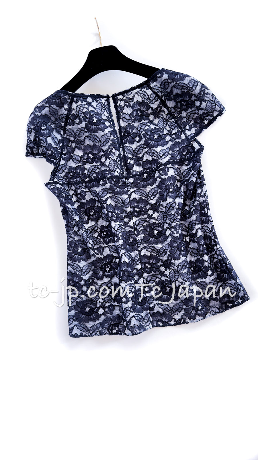 CHANEL 14C Navy White Camellia Lace Tops 36 シャネル ネイビー ホワイト カメリア レース トップス 即発