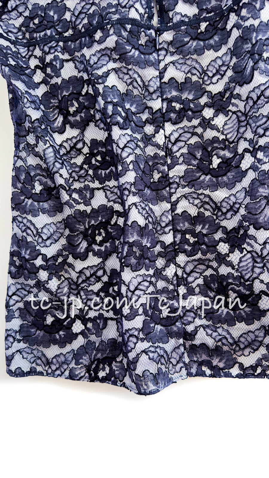 CHANEL 14C Navy White Camellia Lace Tops 36 シャネル ネイビー ホワイト カメリア レース トップス 即発