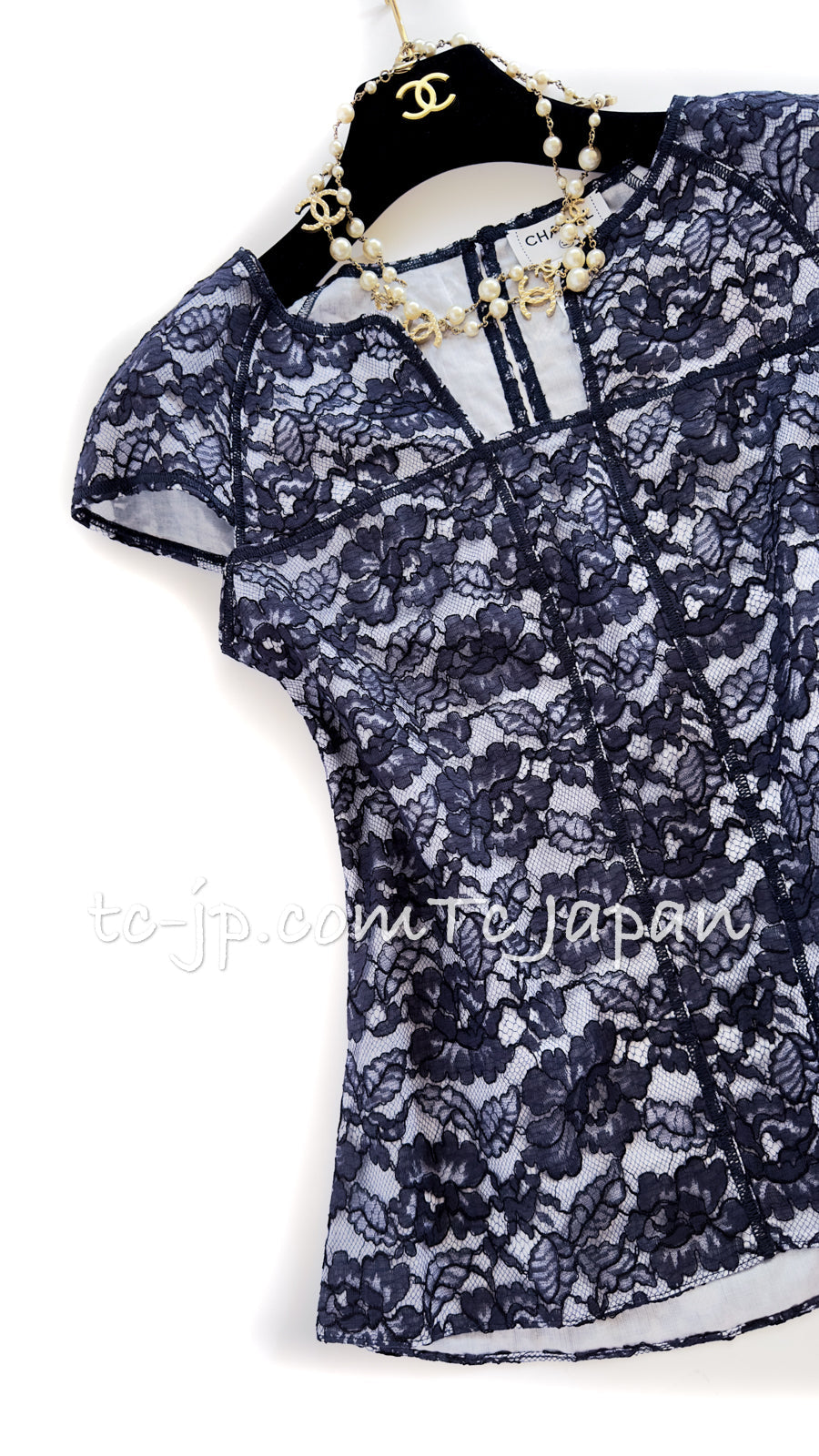 CHANEL 14C Navy White Camellia Lace Tops 36 シャネル ネイビー ホワイト カメリア レース トップス 即発