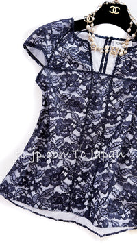 CHANEL 14C Navy White Camellia Lace Tops 36 シャネル ネイビー ホワイト カメリア レース トップス 即発