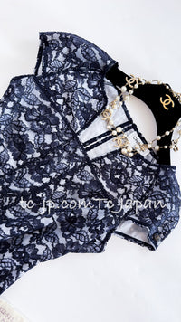 CHANEL 14C Navy White Camellia Lace Tops 36 シャネル ネイビー ホワイト カメリア レース トップス 即発