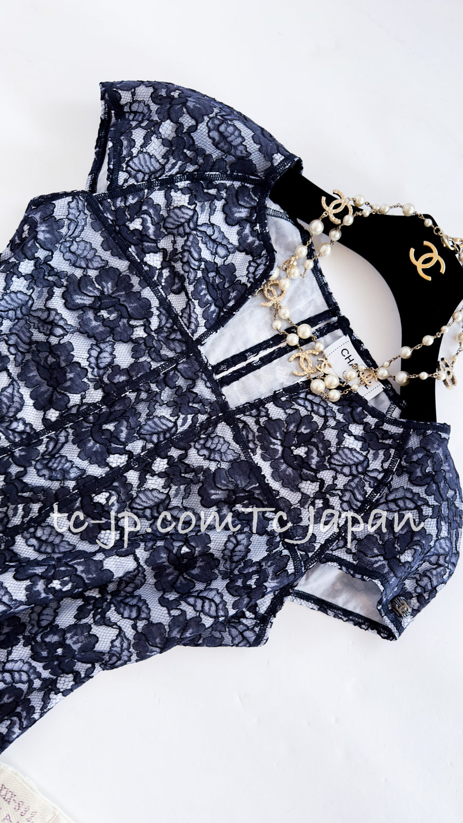 CHANEL 14C Navy White Camellia Lace Tops 36 シャネル ネイビー ホワイト カメリア レース トップス 即発