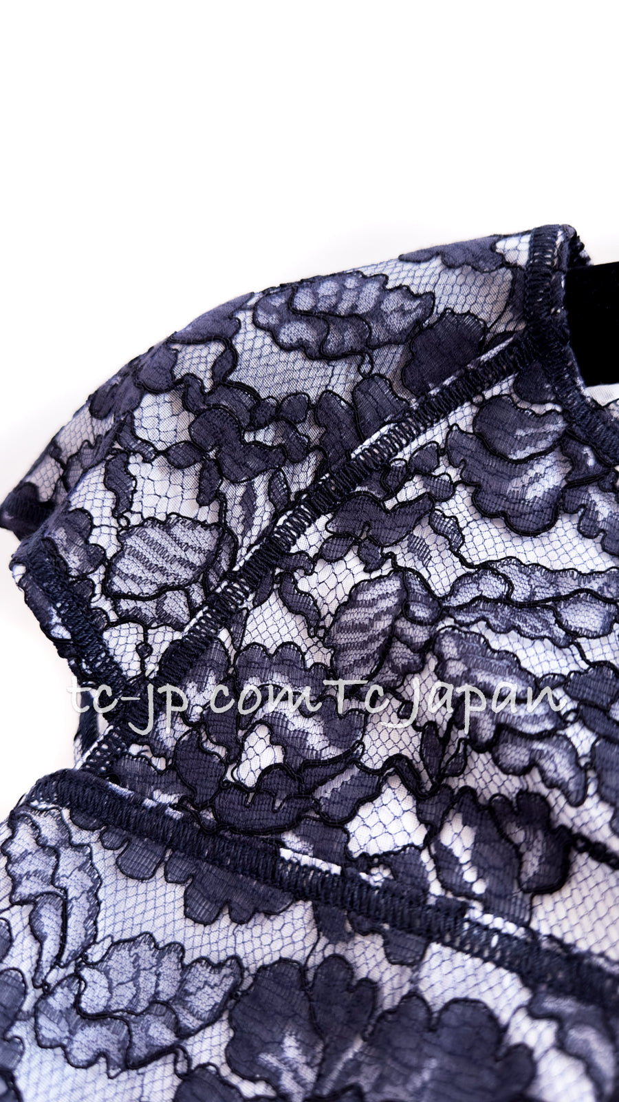 CHANEL 14C Navy White Camellia Lace Tops 36 シャネル ネイビー ホワイト カメリア レース トップス 即発
