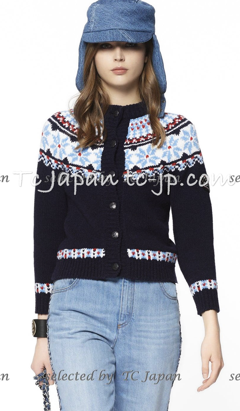 CHANEL 18N Coco Neige Navy Nordic Wool Knit Cardigan 34 シャネル ココ ネージュ ネイビー ノルディック ウール ニット カーディガン 即発