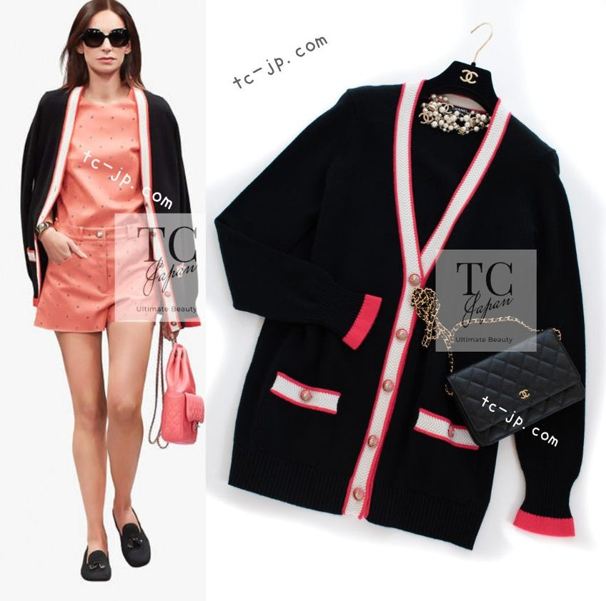CHANEL 17PS Black Coral White Trim Cashmere Knit Cardigan 34 36 38 シャネル ブラック コーラル ホワイト トリム カシミヤ ニット カーディガン 即発