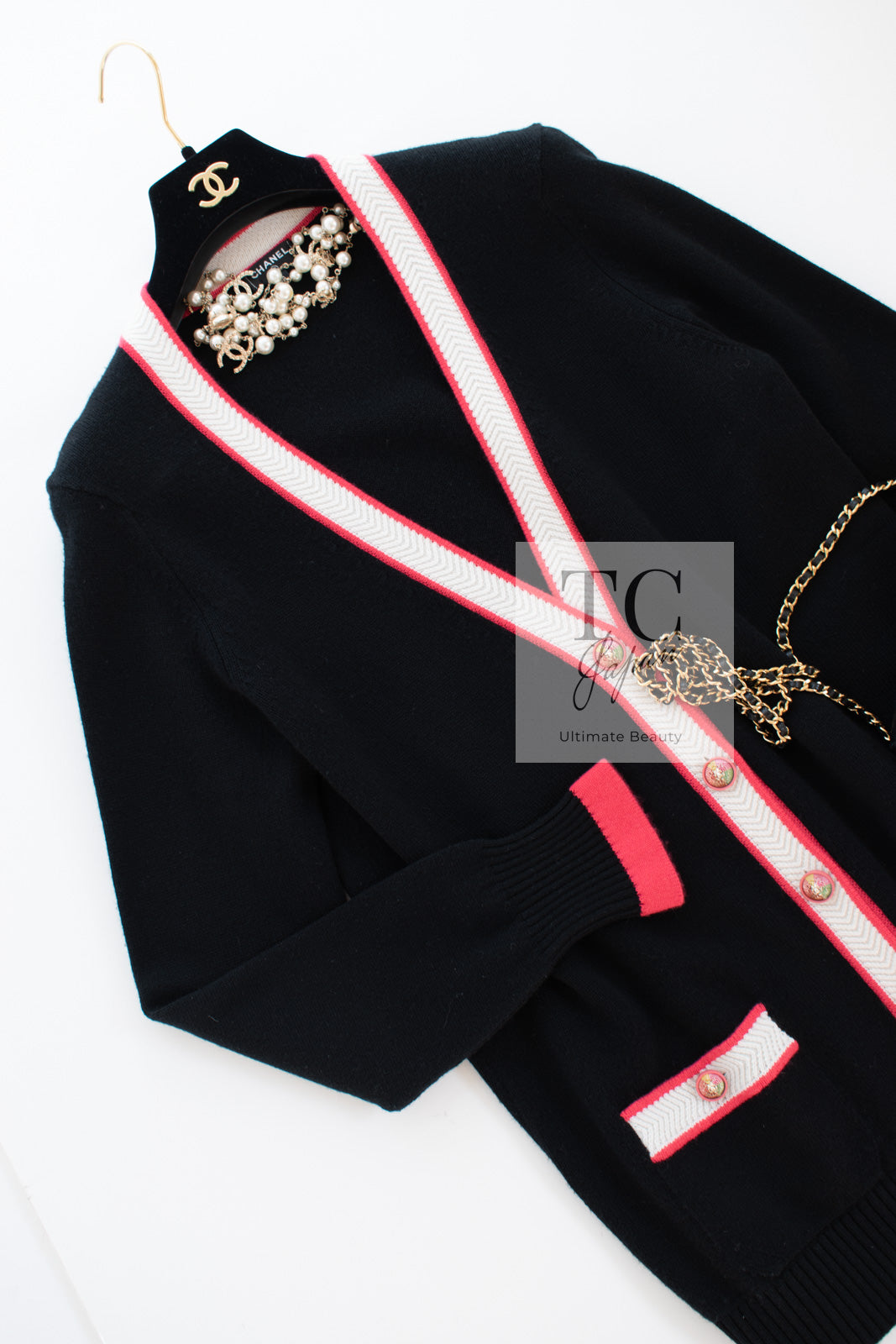 CHANEL 17PS Black Coral White Trim Cashmere Knit Cardigan 34 36 38 シャネル ブラック コーラル ホワイト トリム カシミヤ ニット カーディガン 即発