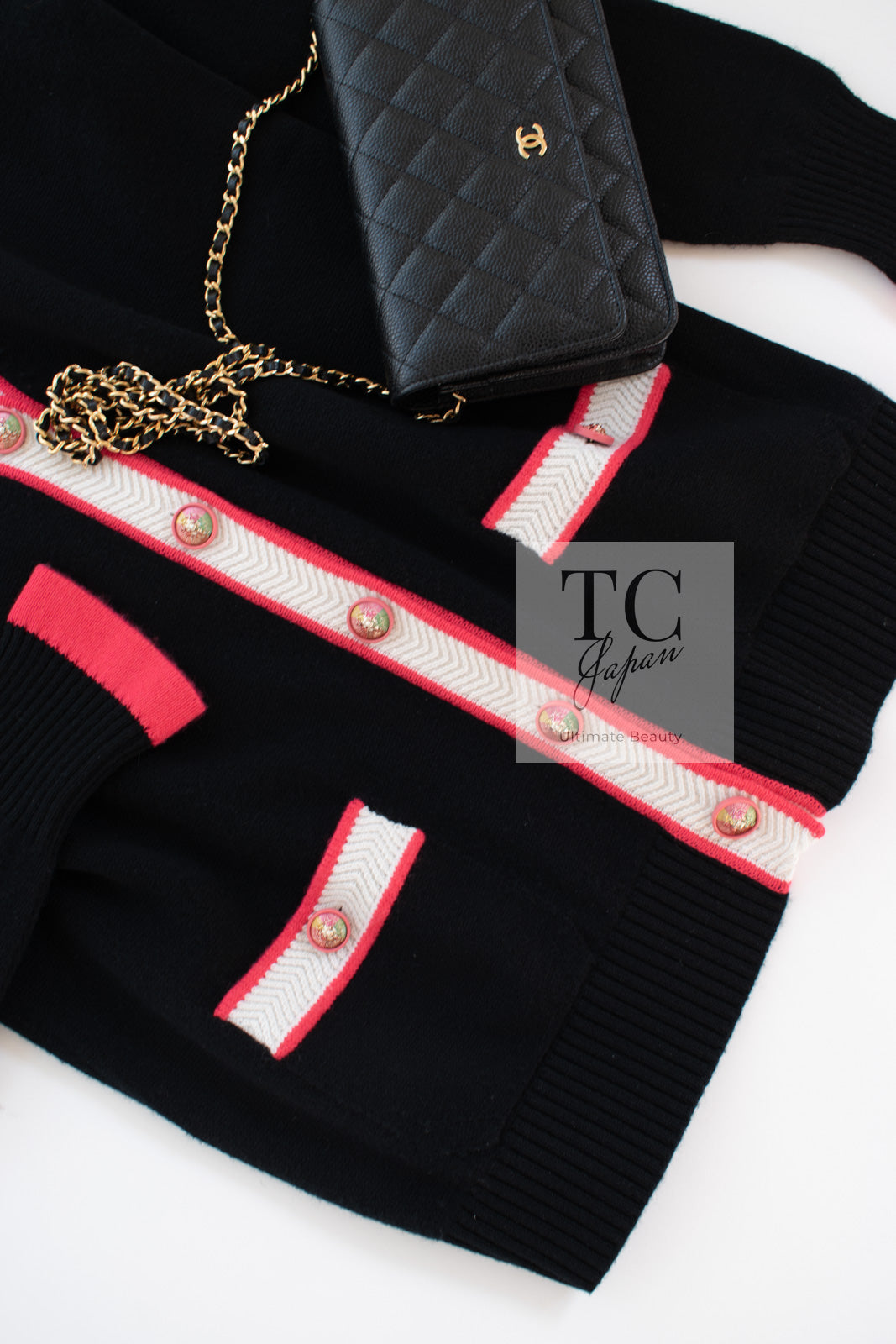 CHANEL 17PS Black Coral White Trim Cashmere Knit Cardigan 34 36 38 シャネル ブラック コーラル ホワイト トリム カシミヤ ニット カーディガン 即発