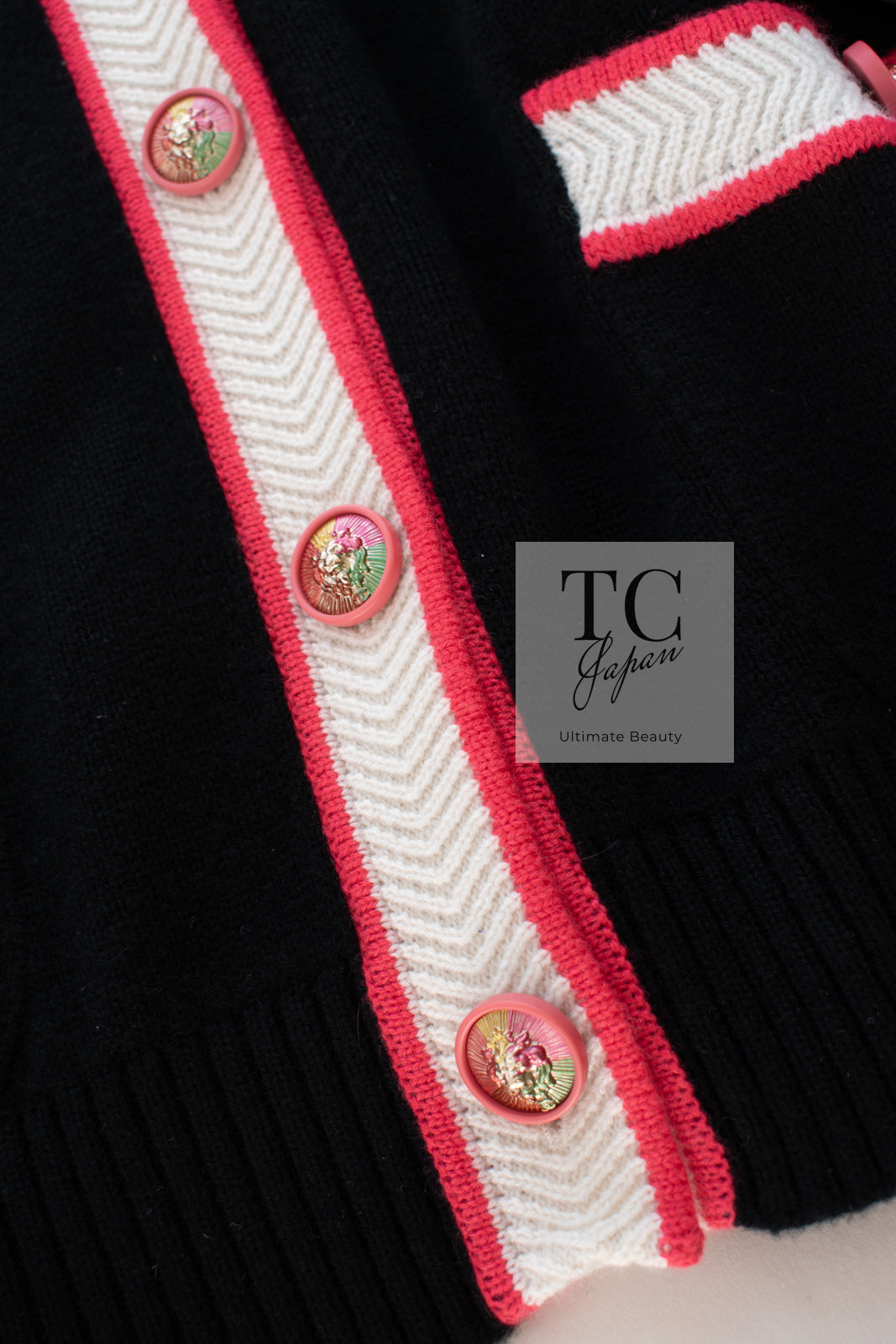 CHANEL 17PS Black Coral White Trim Cashmere Knit Cardigan 34 36 38 シャネル ブラック コーラル ホワイト トリム カシミヤ ニット カーディガン 即発