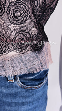 CHANEL 03S Pink Black Camellia Lace Cotton Sleeveless Tops 38 シャネル ピンク ブラック カメリア レース コットン トップス 即発
