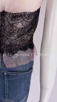 CHANEL 03S Pink Black Camellia Lace Cotton Sleeveless Tops 38 シャネル ピンク ブラック カメリア レース コットン トップス 即発
