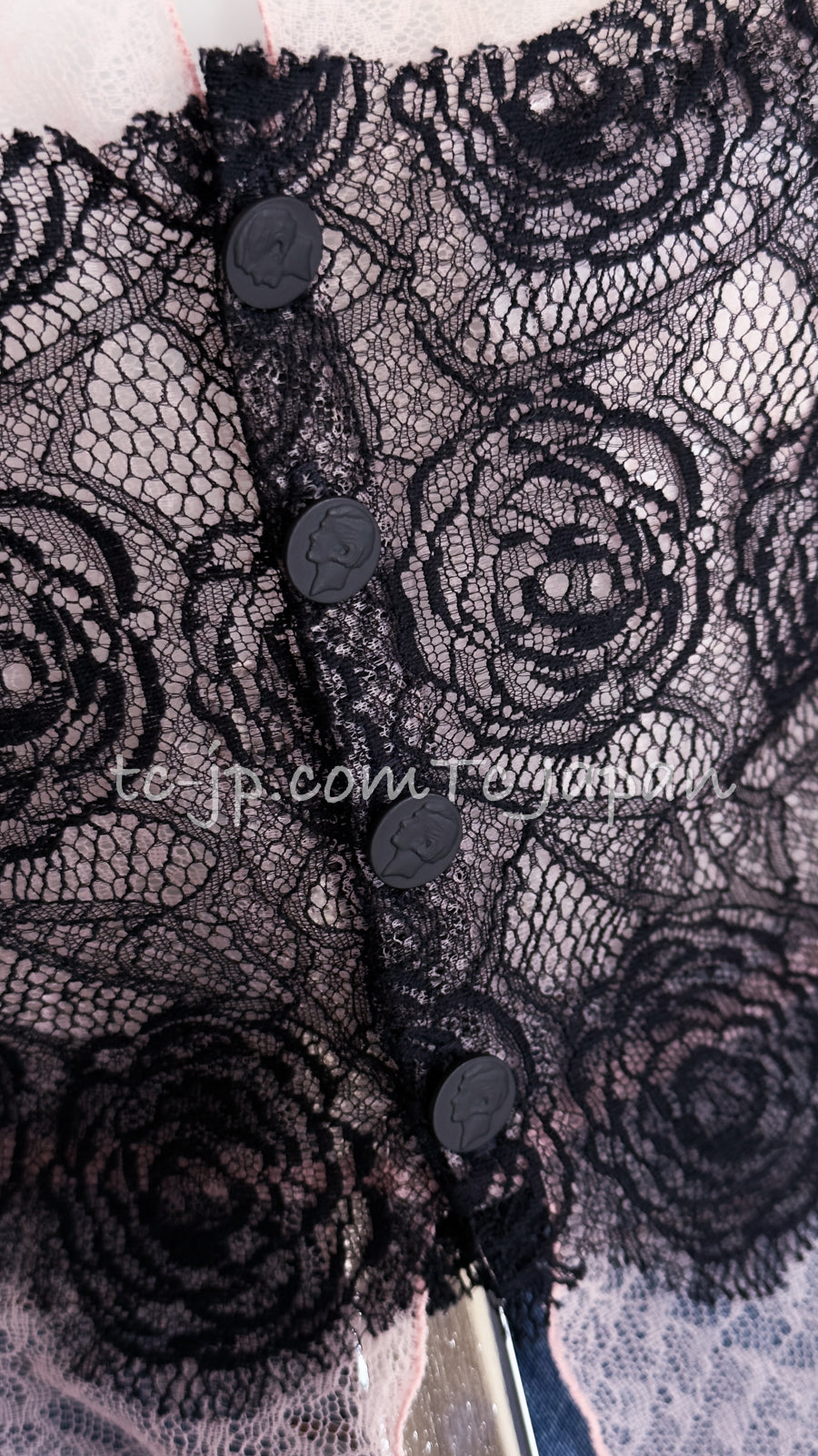 CHANEL 03S Pink Black Camellia Lace Cotton Sleeveless Tops 38 シャネル ピンク ブラック カメリア レース コットン トップス 即発