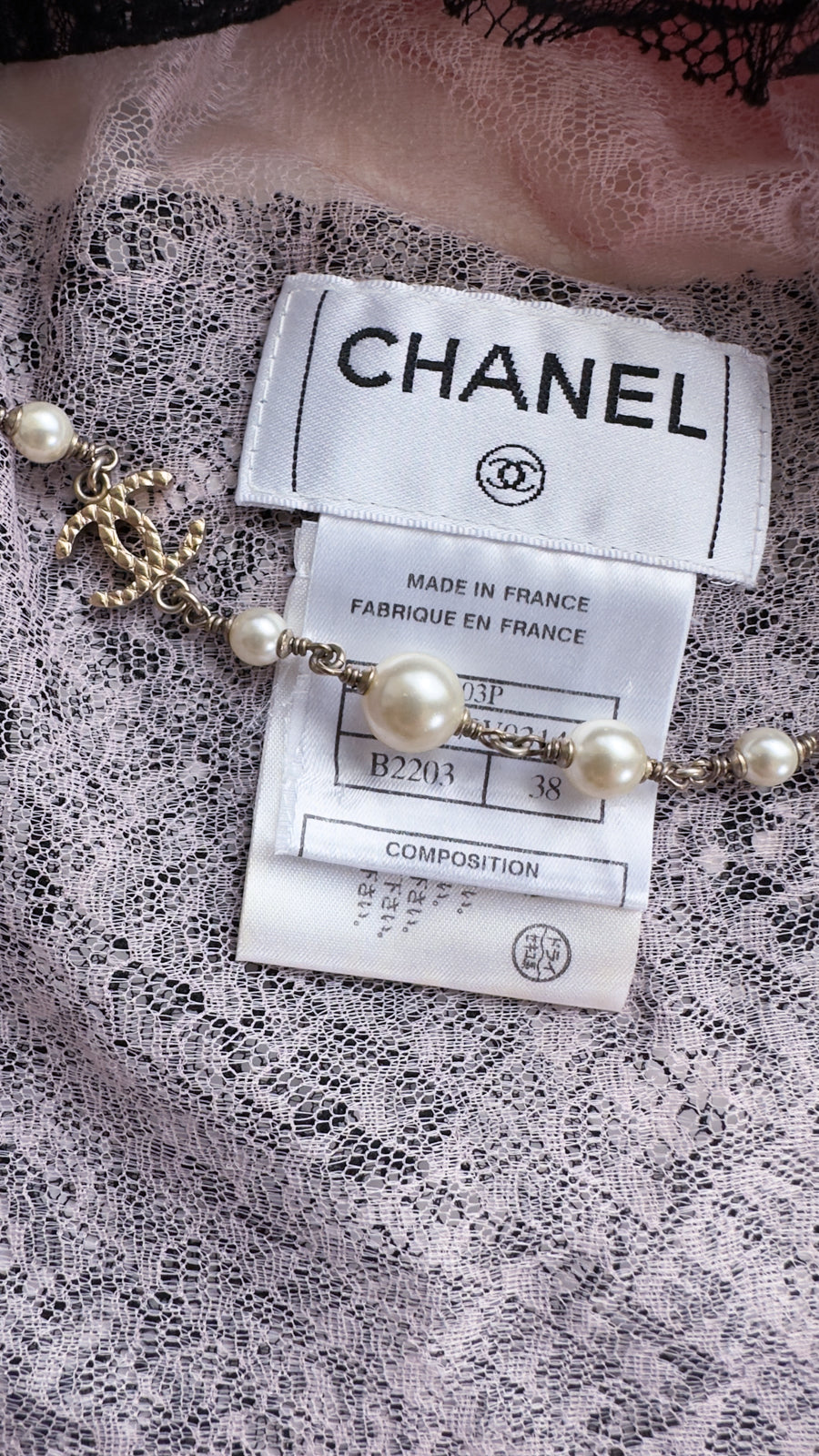CHANEL 03S Pink Black Camellia Lace Cotton Sleeveless Tops 38 シャネル ピンク ブラック カメリア レース コットン トップス 即発