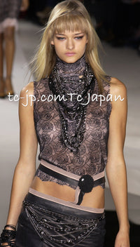 CHANEL 03S Pink Black Camellia Lace Cotton Sleeveless Tops 38 シャネル ピンク ブラック カメリア レース コットン トップス 即発