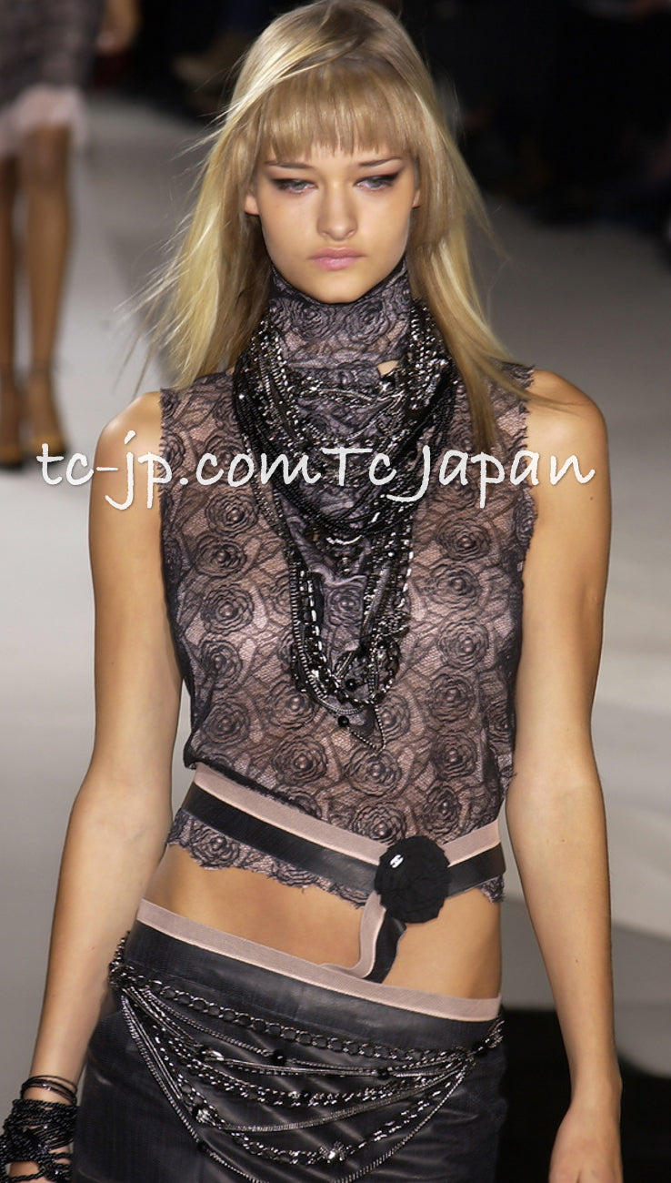 CHANEL 03S Pink Black Camellia Lace Cotton Sleeveless Tops 38 シャネル ピンク ブラック カメリア レース コットン トップス 即発