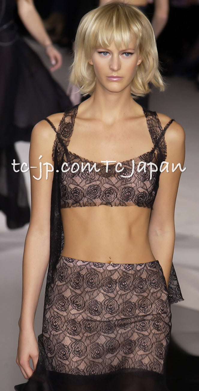 CHANEL 03S Pink Black Camellia Lace Cotton Sleeveless Tops 38 シャネル ピンク ブラック カメリア レース コットン トップス 即発