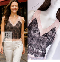 CHANEL 03S Pink Black Camellia Lace Cotton Sleeveless Tops 38 シャネル ピンク ブラック カメリア レース コットン トップス 即発