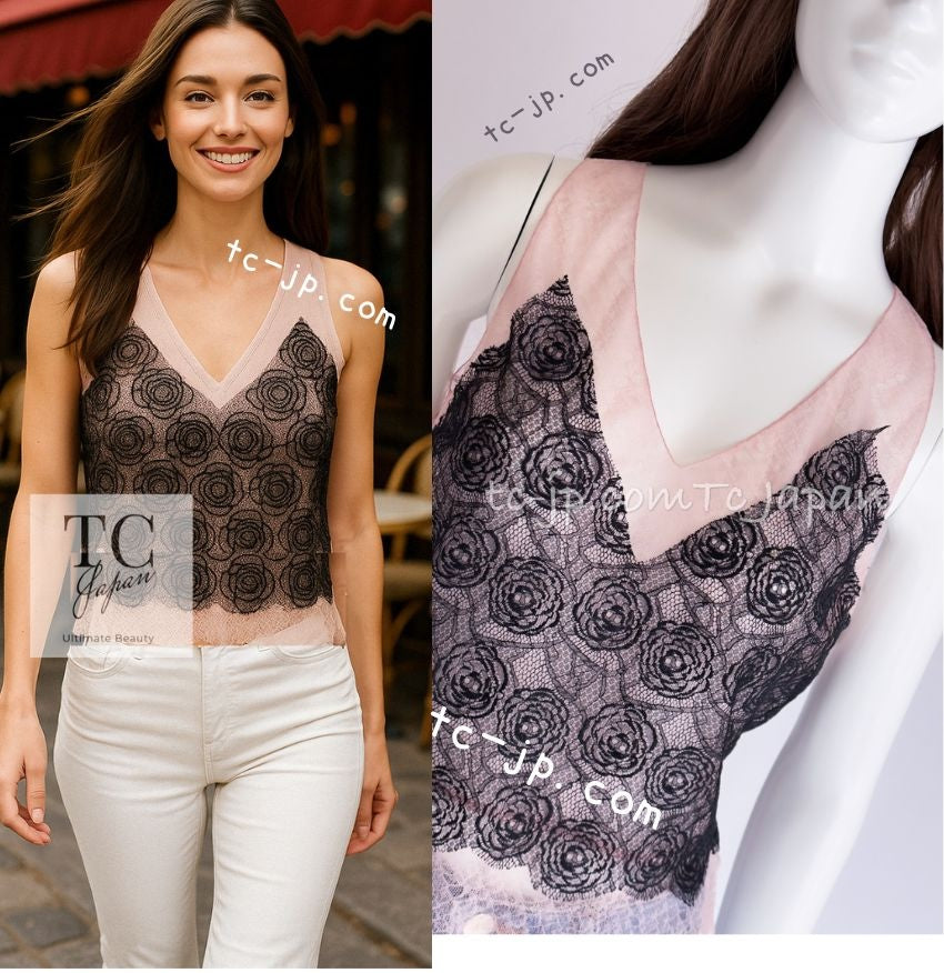 CHANEL 03S Pink Black Camellia Lace Cotton Sleeveless Tops 38 シャネル ピンク ブラック カメリア レース コットン トップス 即発