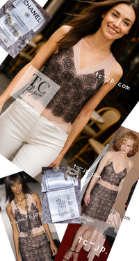 CHANEL 03S Pink Black Camellia Lace Cotton Sleeveless Tops 38 シャネル ピンク ブラック カメリア レース コットン トップス 即発
