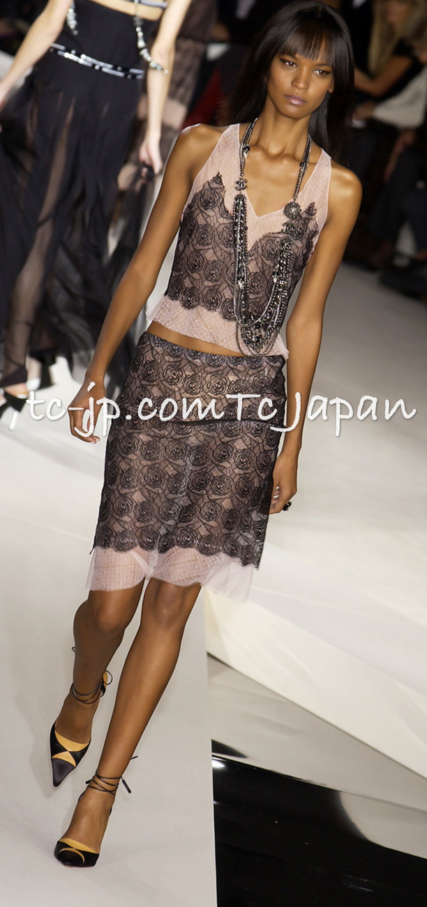 CHANEL 03S Pink Black Camellia Lace Cotton Sleeveless Tops 38 シャネル ピンク ブラック カメリア レース コットン トップス 即発