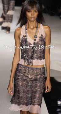 CHANEL 03S Pink Black Camellia Lace Cotton Sleeveless Tops 38 シャネル ピンク ブラック カメリア レース コットン トップス 即発