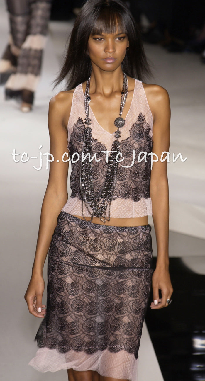CHANEL 03S Pink Black Camellia Lace Cotton Sleeveless Tops 38 シャネル ピンク ブラック カメリア レース コットン トップス 即発