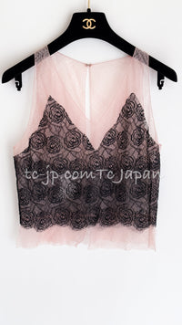 CHANEL 03S Pink Black Camellia Lace Cotton Sleeveless Tops 38 シャネル ピンク ブラック カメリア レース コットン トップス 即発