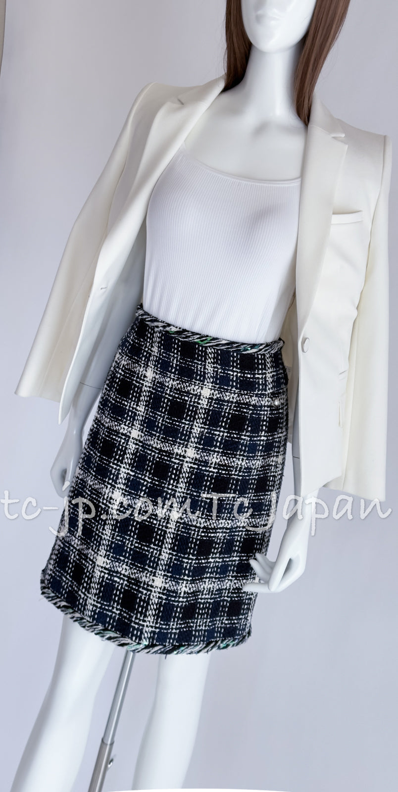シャネル スカート CHANEL ネイビー アイボリー チェック コットン  