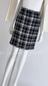 CHANEL 18S Navy Ivory Checked Cotton Tweed Skirt 38 シャネル ネイビー アイボリー チェック コットン ツイード スカート 即発