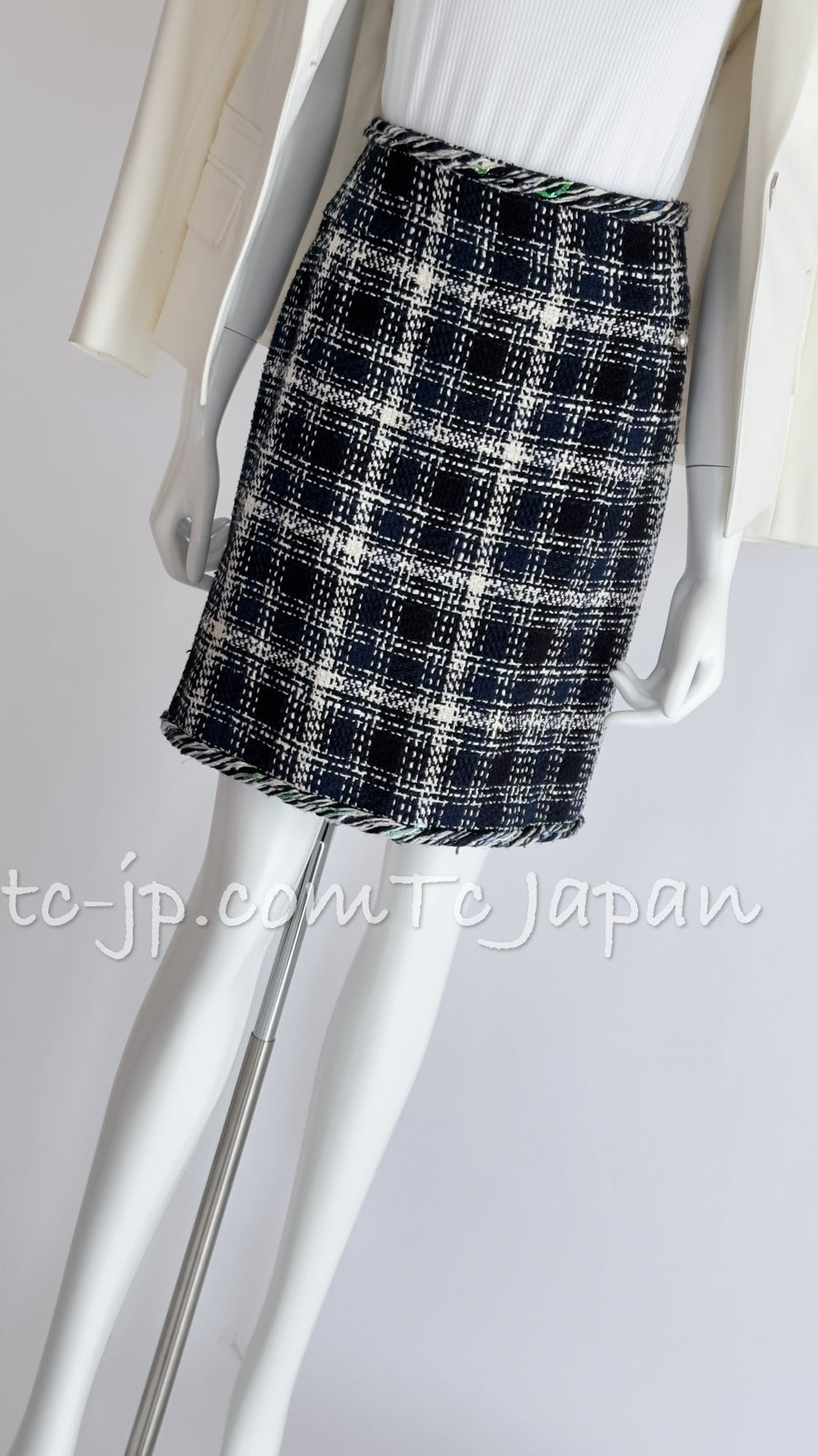 CHANEL 18S Navy Ivory Checked Cotton Tweed Skirt 38 シャネル ネイビー アイボリー チェック コットン ツイード スカート 即発