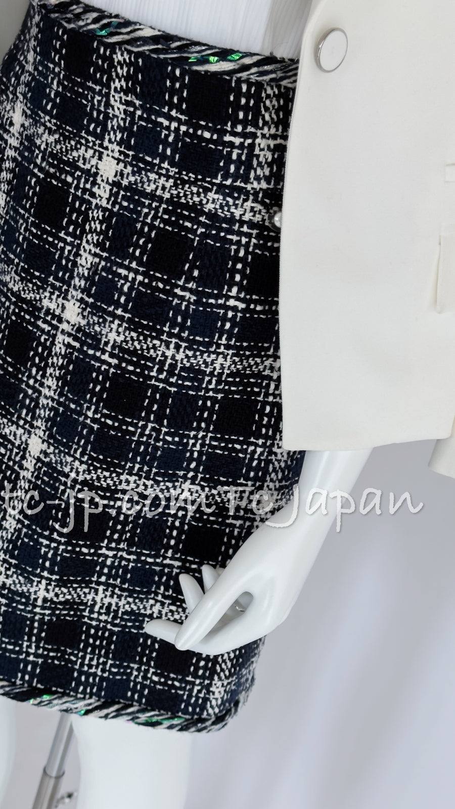 CHANEL 18S Navy Ivory Checked Cotton Tweed Skirt 38 シャネル ネイビー アイボリー チェック コットン ツイード スカート 即発