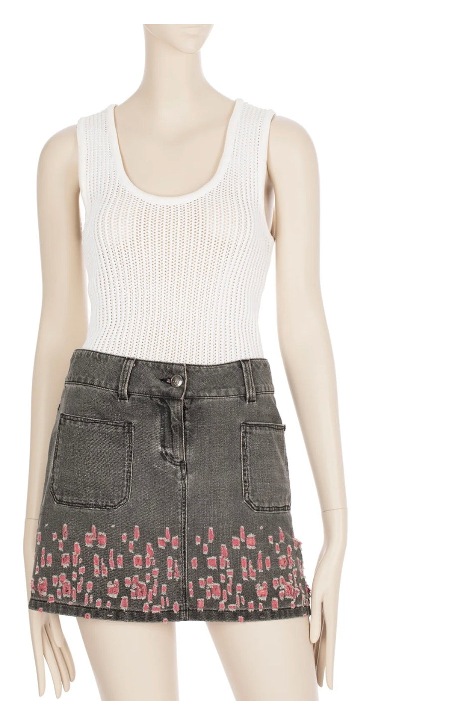 CHANEL 11S Gray Yellow Denim Cotton Mini Skirt 36 シャネル グレー イエロー デニム コットン ミニ スカート 即発 - TC JAPAN