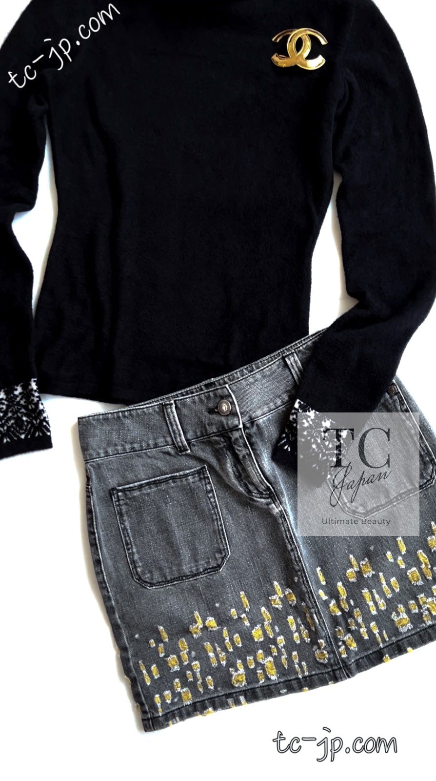 CHANEL 11S Gray Yellow Denim Cotton Mini Skirt 36 シャネル グレー イエロー デニム コットン ミニ スカート 即発 - TC JAPAN
