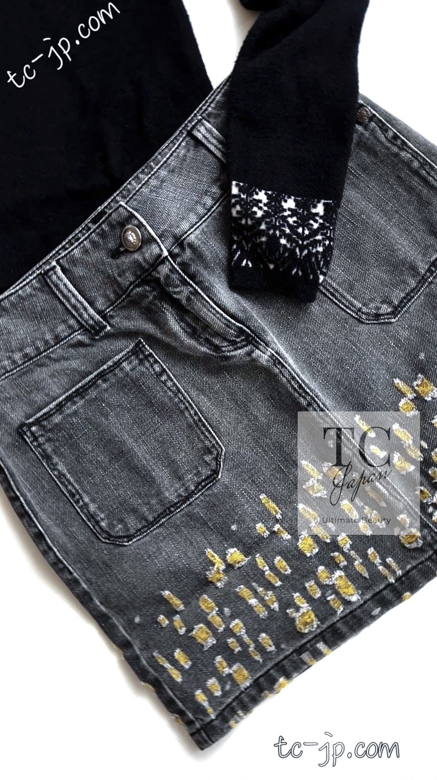 CHANEL 11S Gray Yellow Denim Cotton Mini Skirt 36 シャネル グレー イエロー デニム コットン ミニ スカート 即発 - TC JAPAN