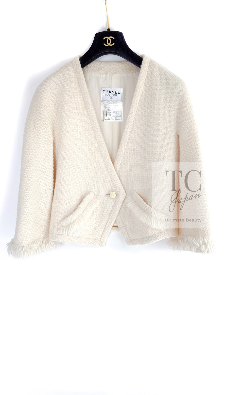 CHANEL 92S Vintage Ivory Camellia Buttons Wool Fringe Tweed Jacket Skirt Suit 40 42 シャネル ヴィンテージ アイボリー カメリアボタン フリンジ ウール ツイード ジャケット スカート スーツ 即発