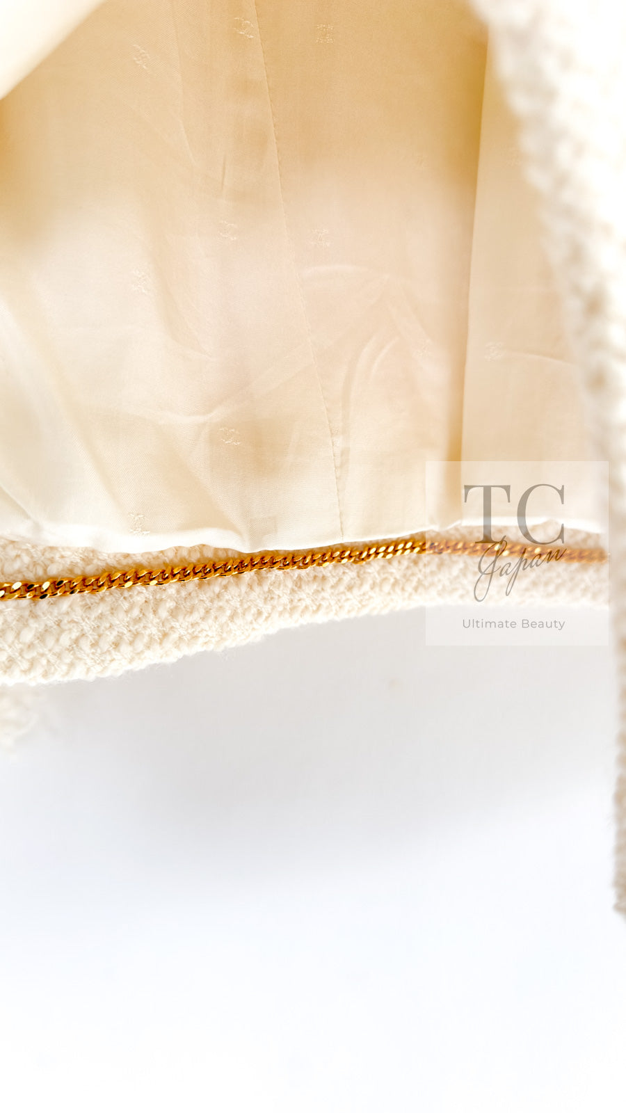 CHANEL 92S Vintage Ivory Camellia Buttons Wool Fringe Tweed Jacket Skirt Suit 40 42 シャネル ヴィンテージ アイボリー カメリアボタン フリンジ ウール ツイード ジャケット スカート スーツ 即発