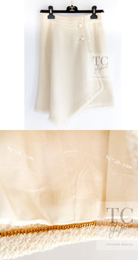 CHANEL 92S Vintage Ivory Camellia Buttons Wool Fringe Tweed Jacket Skirt Suit 40 42 シャネル ヴィンテージ アイボリー カメリアボタン フリンジ ウール ツイード ジャケット スカート スーツ 即発