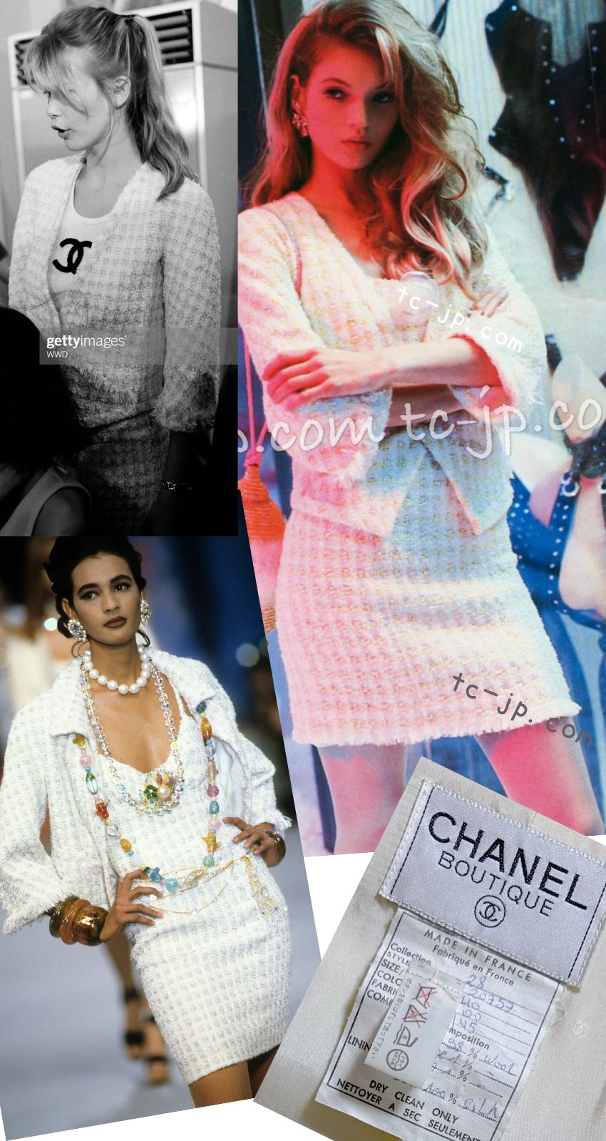 CHANEL 92S Vintage Ivory Camellia Buttons Wool Fringe Tweed Jacket Skirt Suit 40 42 シャネル ヴィンテージ アイボリー カメリアボタン フリンジ ウール ツイード ジャケット スカート スーツ 即発