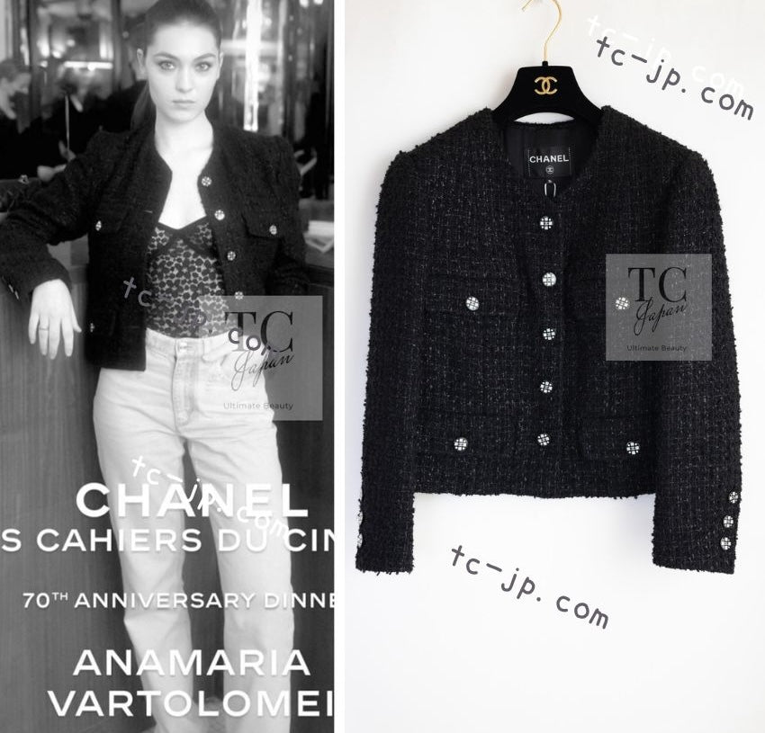 CHANEL 21A Black Coco Buttons Wool Cotton Tweed Jacket 38 シャネル ブラック ココボタン ウール コットン ノーカラー ツイード ジャケット 即発