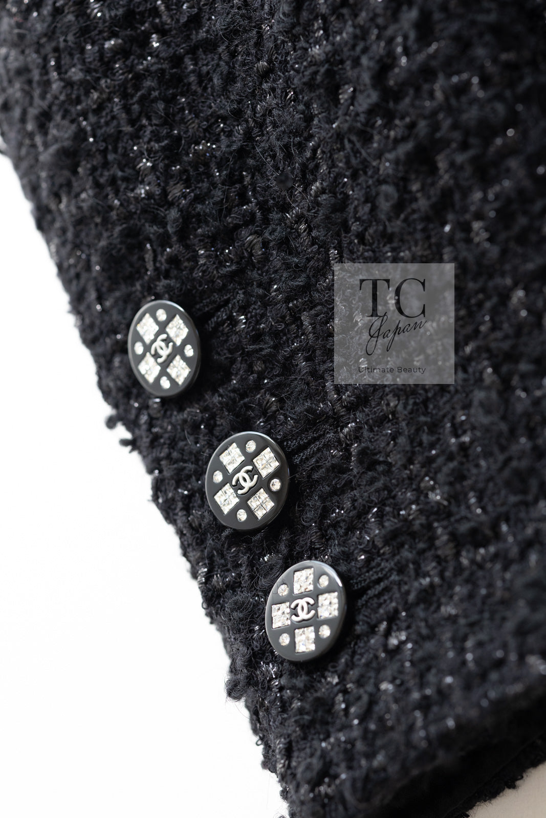 CHANEL 21A Black Coco Buttons Wool Cotton Tweed Jacket 38 シャネル ブラック ココボタン ウール コットン ノーカラー ツイード ジャケット 即発
