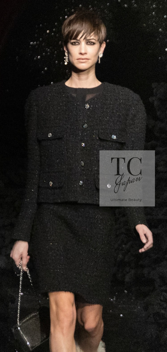 CHANEL 21A Black Coco Buttons Wool Cotton Tweed Jacket 38 シャネル ブラック ココボタン ウール コットン ノーカラー ツイード ジャケット 即発