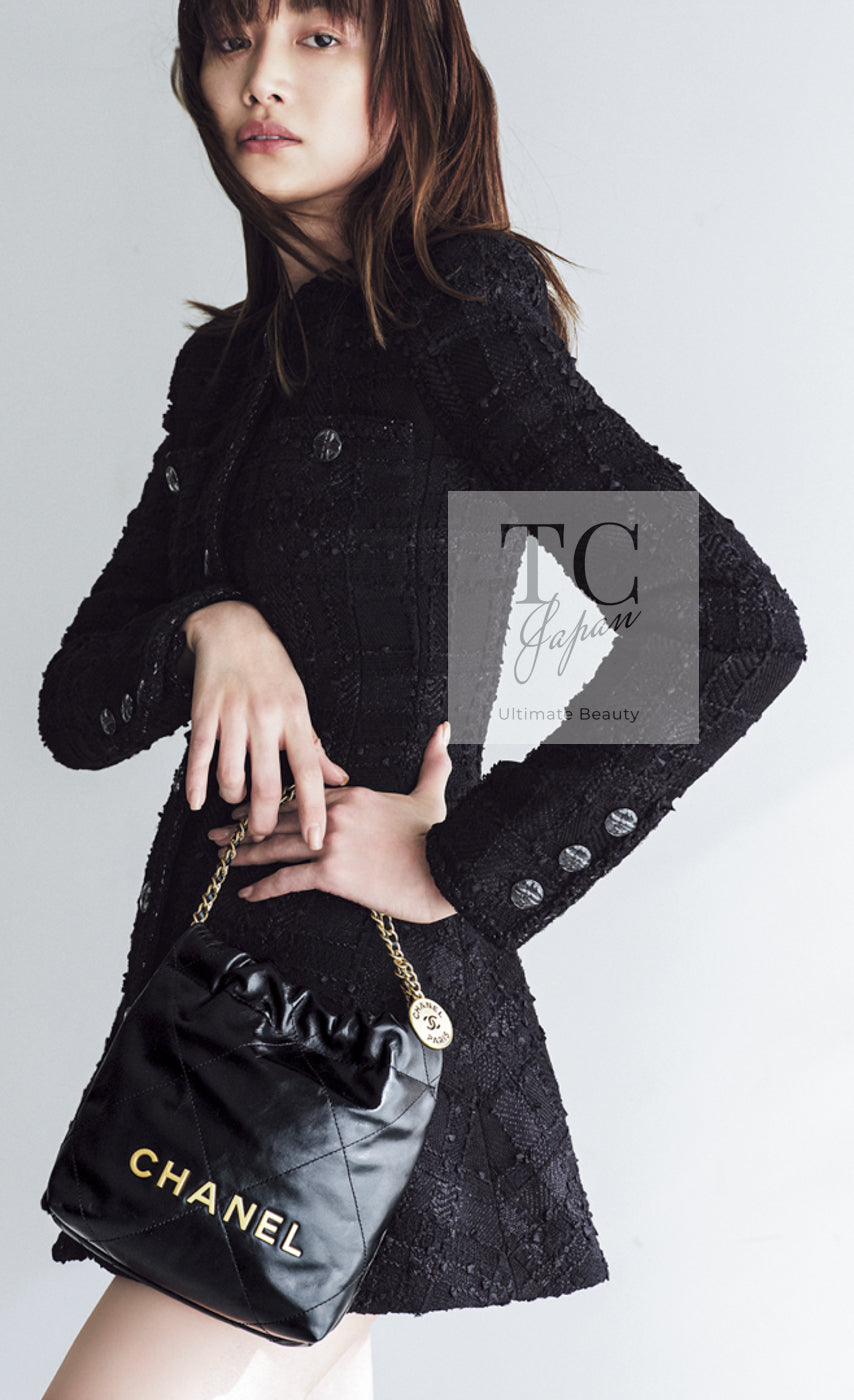 CHANEL 21A Black Coco Buttons Wool Cotton Tweed Jacket 38 シャネル ブラック ココボタン ウール コットン ノーカラー ツイード ジャケット 即発
